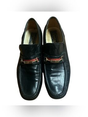 Ferrari Saldoni Black Leather Loafers with Red Accent and Gold Bit